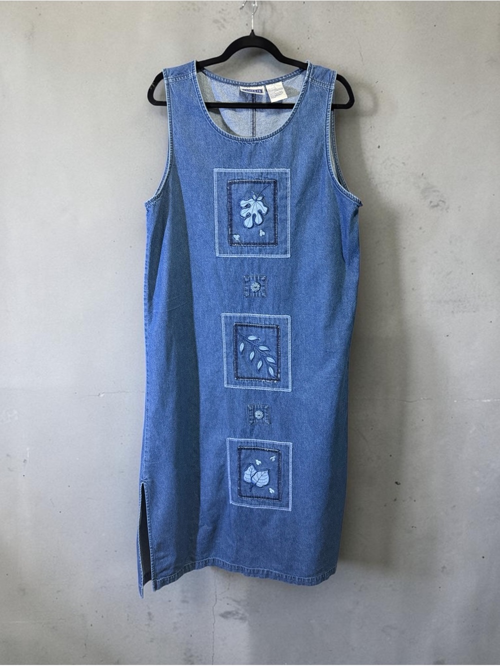 Vintage 90s Embroidered Denim Jumper Maxi Dress by Erika & Co - Size Large